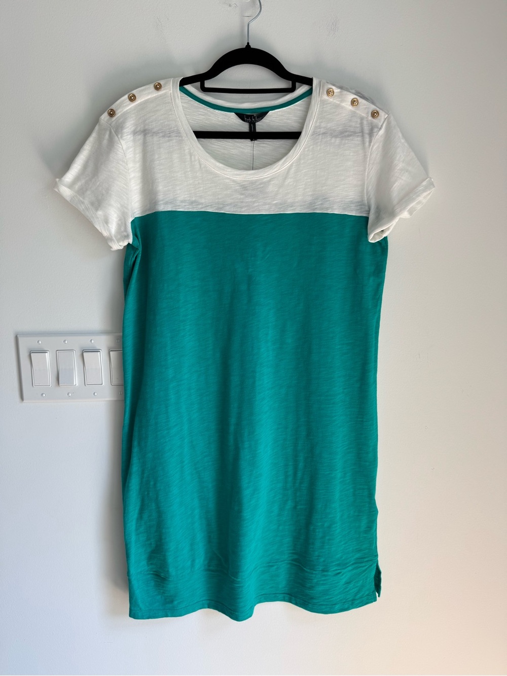 Nicole Miller Shirt Dress Colorblock Emerald coastal white Short‎ Sleeve L